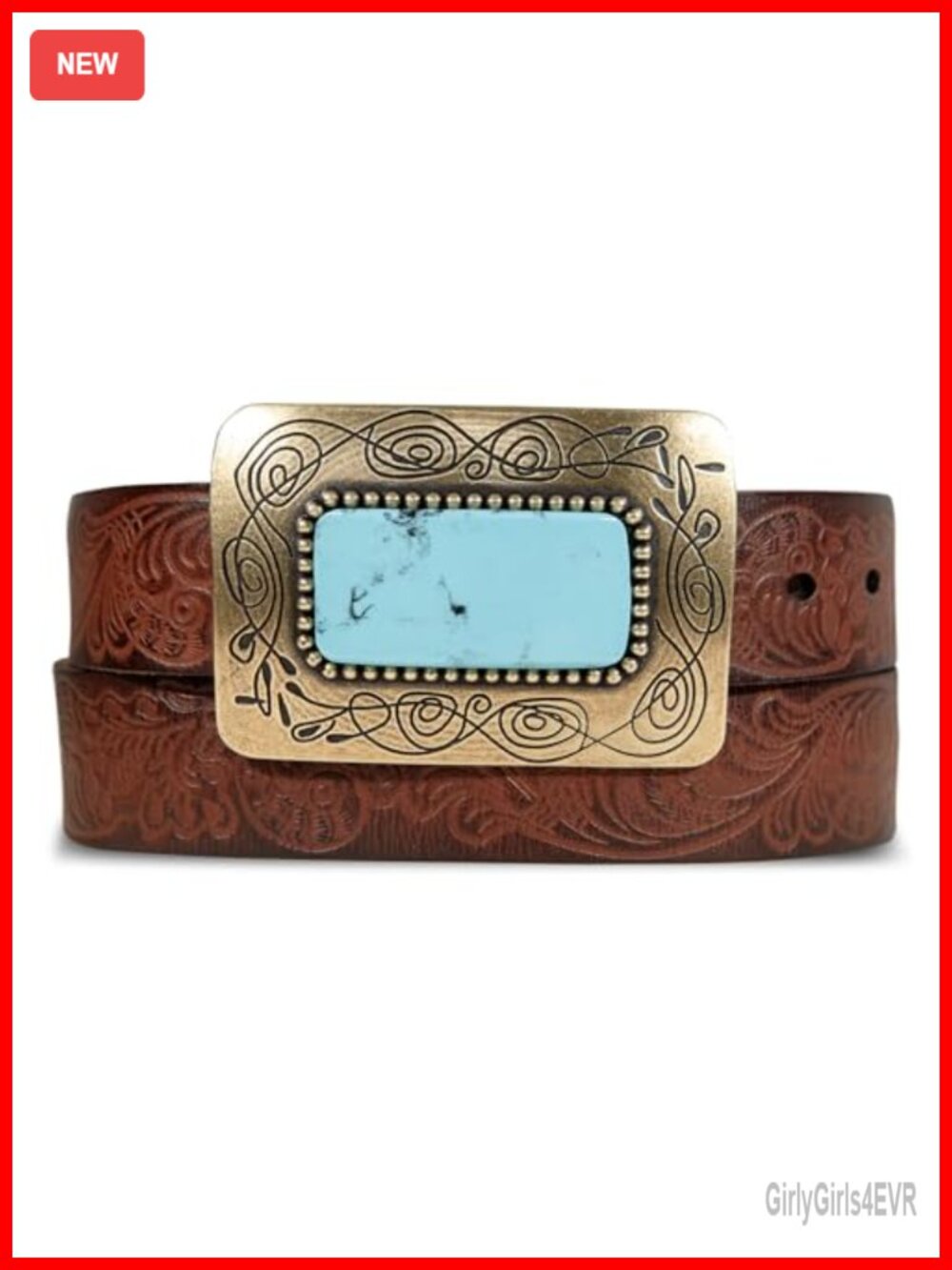 Western Leather Belt with Turquoise Plaque Buckle